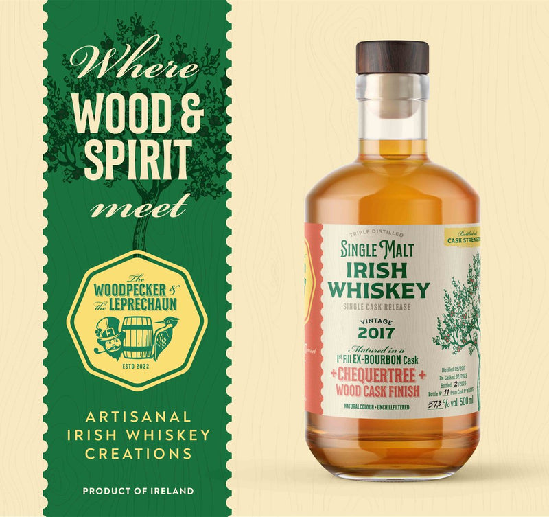 The Woodpecker &amp; The Leprechaun Chequertree Wood Finish Whiskey 0.5 l