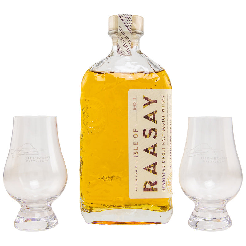Isle of Raasay Single Malt Whisky - Batch R- 02.1 with 2 Glencairn glasses