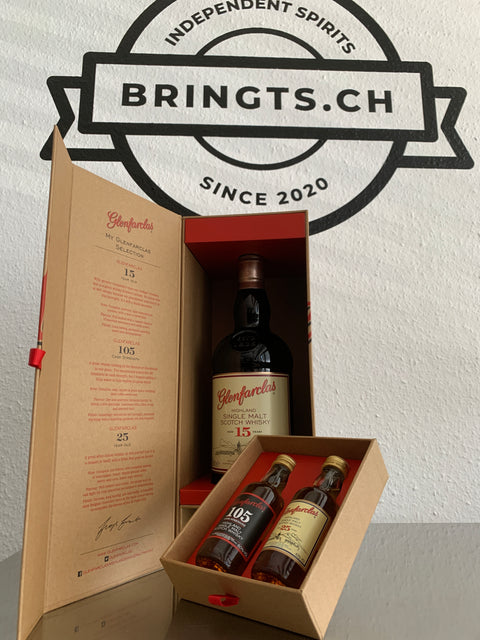 Pack dégustation Glenfarclas 15 ans : plus 105 Cask Strength 50 ml et 25 ans 50 ml